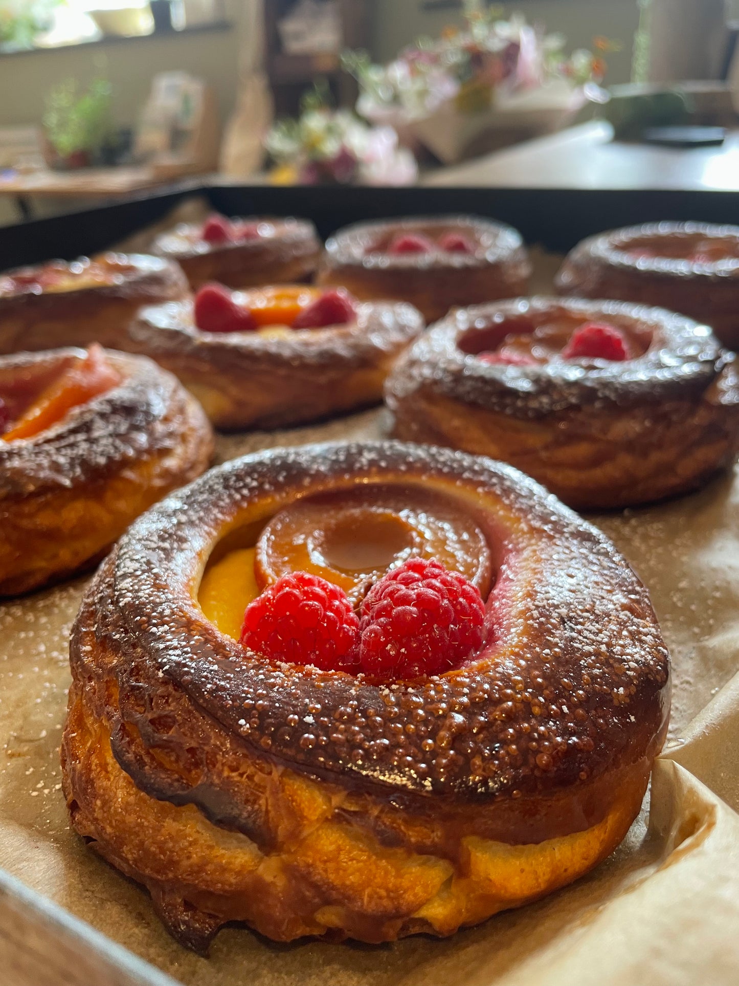 Peach & raspberry custard Danish