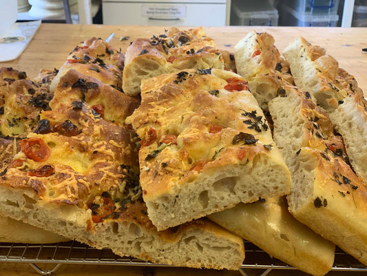 Red pepper & black olive focaccia